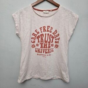 FatFace Tee Womens 4 Pink Trust The Universe Slub Cotton Boho Casual Shirt